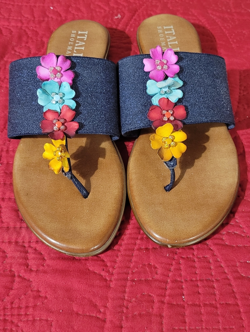 Italian Shoemakers Denim Slide Sandal with Multicolor Floral Accents